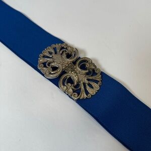Vintage Blue Elastic Waist Belt Ornate Silver Tone Buckle